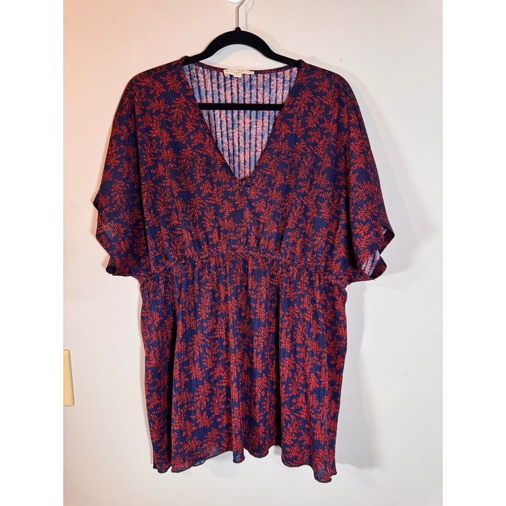 Weekend Suzanne Betro Womens XL Blue Red Floral Ribbed V-Neck Empire Waist Top